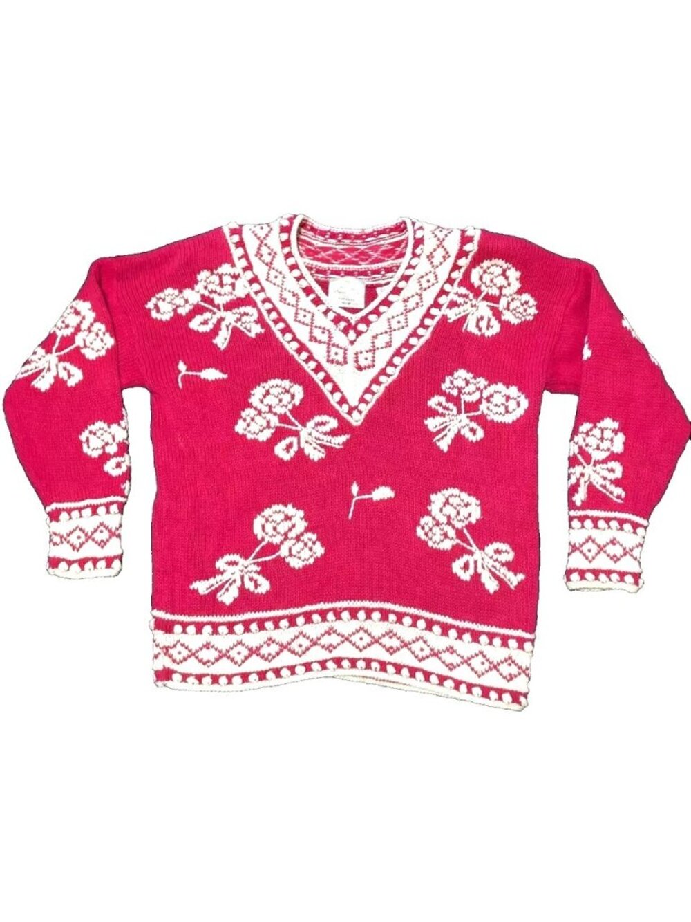 Vtg 90s Express Hand Knitted Sweater Sz M Pink Ramie Cotton Shoulder Pads Womens